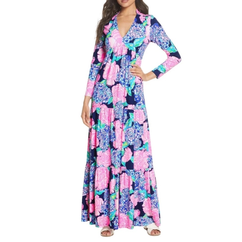 Lilly Pulitzer Martinique Tiered Maxi Dress Long Sleeve Hey Hey Bouquet XXS